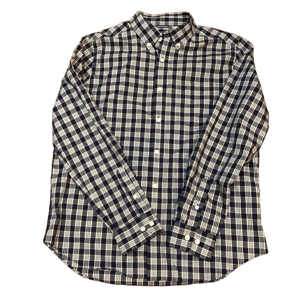 Nautica Plaid Dress Shirt Plaid Navy Blue Large